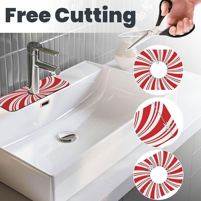 Red And White Candy Swirl Stripe Striped Mint Sugar Candy Cane Themed Kitchen Sink Splash Guard Faucet Mat Super Fast Drying Mat Sink Gadgets-Fast Drying Pad Sink Mat For Kitchen (15" X 5.5" )