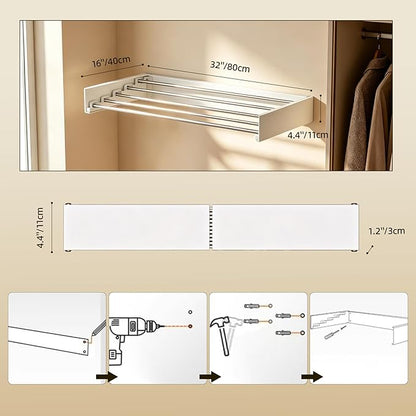 Wall Mounted Clothing Drying Rack 32“ Folds to 1.2” Ultra-Thin Space Saving Clothes Laundry Rack Holds 50 lbs Rust-Resistant Collapsible Space Aluminum for Apartment, RV, Laundry Room, White