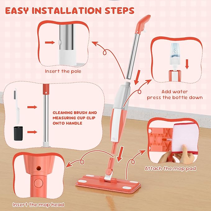 Kids Spray Mop - Chores Chart Set Montessori Cleaning Set Toy with Real Water Sprayer 2PCS Washable Pads and 10PCS Disposable Mop Pads for Ages 3-8 (Pink)