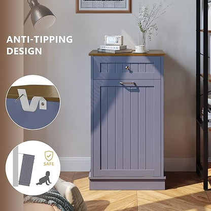 LOUVIXA Tilt Out Trash Can Cabinet, Hidden Trash Cabinet with Drawer, Wooden Dog Proof Trash Can Holder, Tilt Out Laundry Hamper, Garbage Can Holder (Gray-Blue)