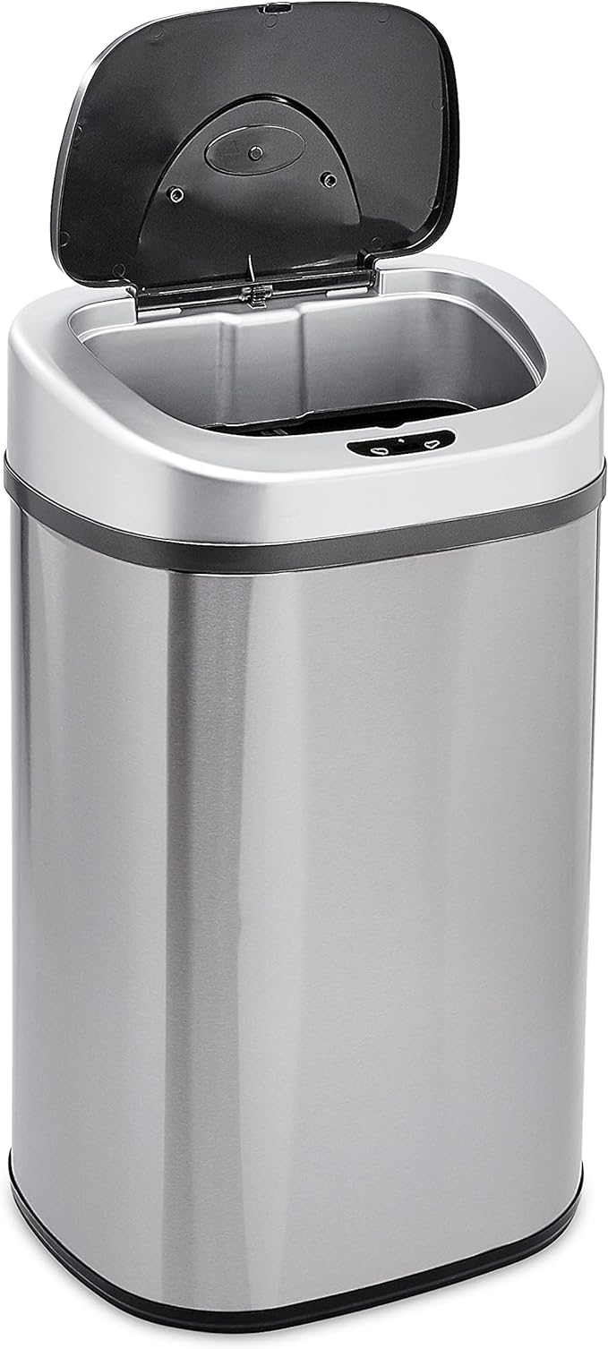Amazon Basics Automatic Dual Compartment Trash Can with Lid, Hands-Free, Fingerprint Resistant, Odor Control, Stainless Steel, D-Shaped, 80 l, 2 Bins