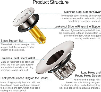 COAMANUG Bathtub Stopper | Pop-up Tub Stopper with Strainer, Shower Drain Hair Catcher | Bathroom Drain Plug | Drain Protector for 1-1/2 to 1-3/4" Bath Drain Hole