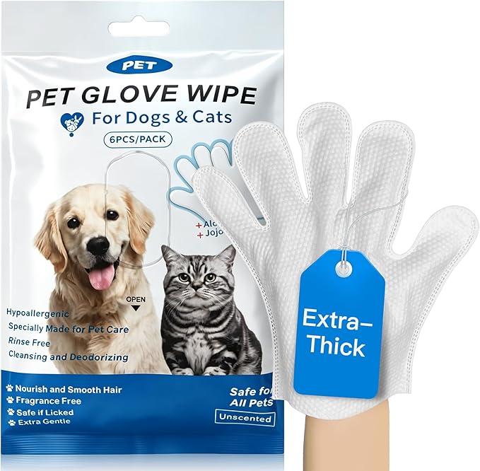 Pet Glove Wipes for Pet,Extra-Thick Rinse-Free Dog & Cat Grooming Gloves,Vet Recommended Hypoallergenic，Gentle & Safe for Cleaning,Deodorizing Wipes for Dander,6pcs unscent