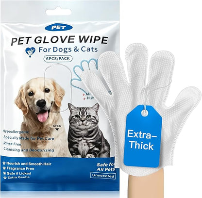 Pet Glove Wipes for Pet,Extra-Thick Rinse-Free Dog & Cat Grooming Gloves,Vet Recommended Hypoallergenic，Gentle & Safe for Cleaning,Deodorizing Wipes for Dander,6pcs unscent