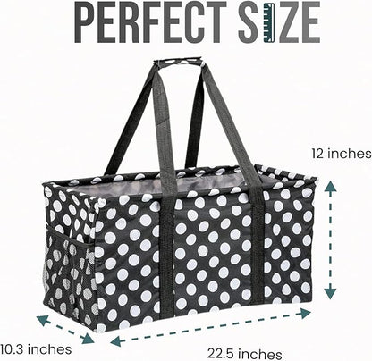 Extra Large Utility Tote Bag - Oversized Collapsible Reusable Wire Frame Rectangular Canvas Basket With Two Exterior Pockets For Beach, Pool, Laundry, Car Trunk, Storage - White Polka Dot