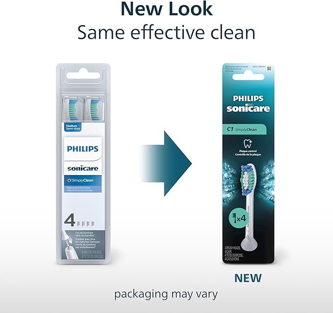 Philips Sonicare C1 SimplyClean - Genuine Replacement Electric Toothbrush Heads, White, 4 Pack One Year Supply, HX6014/65