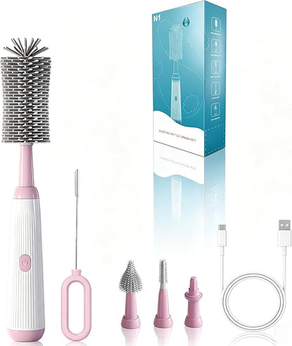 Electric Bottle Brush Set, 6-in-1 Electric Cleaning Brush with Waterproof Silicone Cleaner, 3 Replaceable Brush Heads, Straw Brush & Extension Rod, for Baby Feeding Accessories and Kitchen Utensils