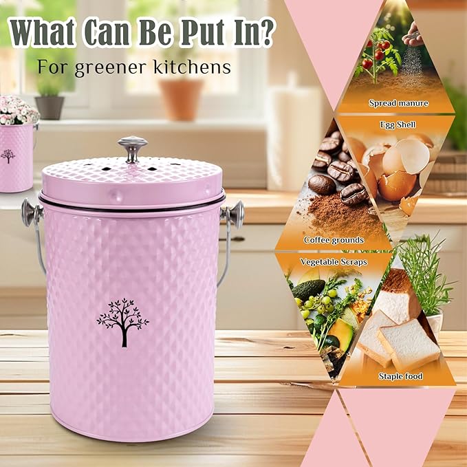 AOSION Countertop Compost Bin Kitchen，Odorless Indoor Compost Bin with Lid and 50 Pack Compost Bags,Compost Bucket Composter Container for Food Waste,Pink