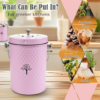 AOSION Countertop Compost Bin Kitchen，Odorless Indoor Compost Bin with Lid and 50 Pack Compost Bags,Compost Bucket Composter Container for Food Waste,Pink