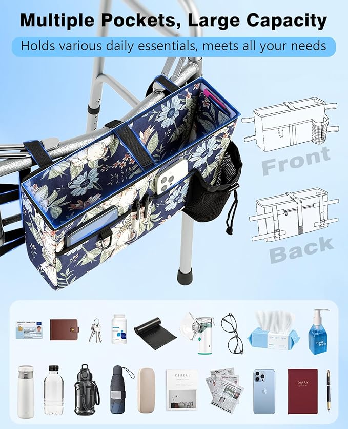 Rhino Valley Walker Bag, Secure Fit Walker Basket with Cup Holder, Large Capacity Foldable Walker Accessories for Seniors, Detachable Folding Walker Pouch Organizer for Older Elderly Gifts,Blue Cosmos