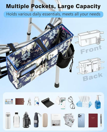 Rhino Valley Walker Bag, Secure Fit Walker Basket with Cup Holder, Large Capacity Foldable Walker Accessories for Seniors, Detachable Folding Walker Pouch Organizer for Older Elderly Gifts,Blue Cosmos