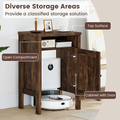 GOFLAME Robot Vacuum Storage Cabinet, Retro Sofa Side End Table with Hidden Robotic Vacuum Cleaner Storage & Open Compartment, Sweeping Robot Stand Cabinet for Living Room (Rustic Brown)