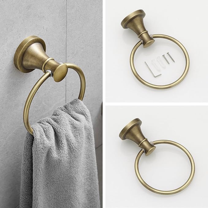 RUMOSE Toilet Paper Holder and Hand Towel Ring Antique Brass Wall Mount Bathroom Hardware Accessories 2 PCS Set Flexible Pivoting Toilet Tissue Roll Holder and Towel Hanger, Stainless Steel