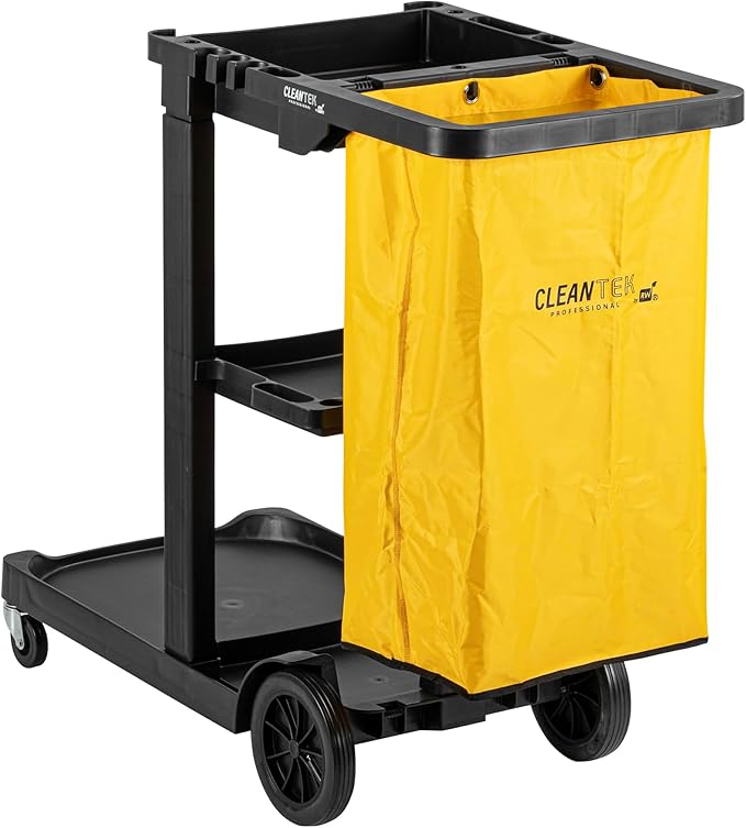 Restaurantware-Clean Tek Professional Janitor Cart with Wheels, 1 Cleaning Trolley with 18 Gallon Bag - 3 Shelves, Heavy-Duty, Black Plastic Commercial Janitorial Cart, for Restaurants