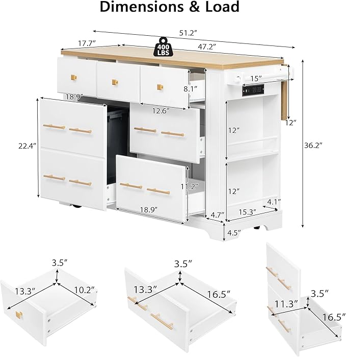51.2" Kitchen Island with 6 Drawers, Pull Out Trash Can Storage, Rolling Kitchen Island on 5 Wheels with Drop Leaf, Power Outlet, 5 Open Side Racks for Kitchen, Dining Room, White