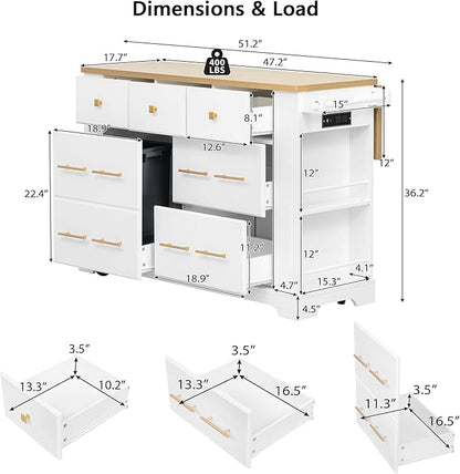 51.2" Kitchen Island with 6 Drawers, Pull Out Trash Can Storage, Rolling Kitchen Island on 5 Wheels with Drop Leaf, Power Outlet, 5 Open Side Racks for Kitchen, Dining Room, White