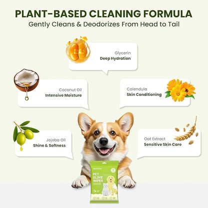 12PCS Hypoallergenic Pet Glove Wipes for Dogs, Cats & Small Animals | No-Rinse Deodorizing Dog Wipes for Paws, Butt, Eyes & Ears | Pet Wipes for Stain & Odor Cleanup Between Baths & Travel