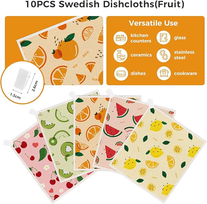 wlich 10PCS Swedish Dishcloths for Kitchen, Reusable Paper Towels Washable, Dish Rags for Washing Dishes with Clips, Non-Scratch Kitchen Towels and Dishcloths Sets, Dish Cloths, No Odor(Fruit)