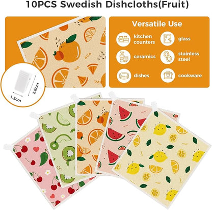 wlich 10PCS Swedish Dishcloths for Kitchen, Reusable Paper Towels Washable, Dish Rags for Washing Dishes with Clips, Non-Scratch Kitchen Towels and Dishcloths Sets, Dish Cloths, No Odor(Fruit)