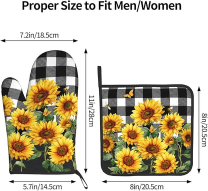 Sunflower Oven Mitts and Pot Holders Sets of 2 Buffalo Plaid Kitchen Mitts Farmhouse Hot Pads for Cooking Baking Grilling