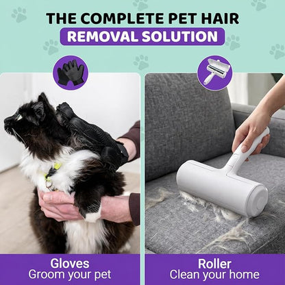 Pet Hair Remover Roller with 2 Grooming Gloves – Reusable Lint Remover for Dogs and Cats (Purple)