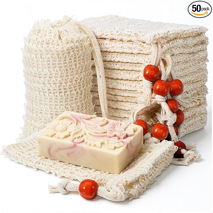 50 Pcs Soap Bags Mesh Exfoliating, Natural Sisal Soap Saver Bag Pouch, Quick-Drying Reusable Plastic-Free Mesh Net with Drawstring Bar Wooden Bead for Shower Use Like Massaging (3.5x5.5 Inch)