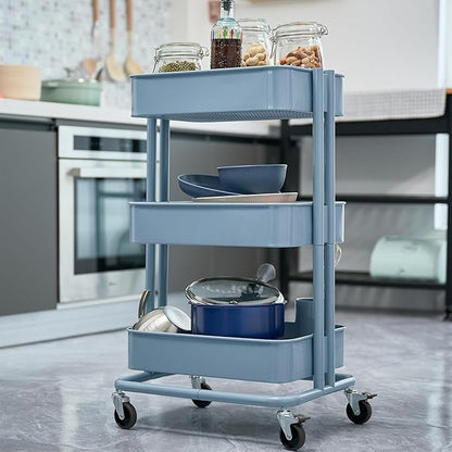 3 Tier Rolling Cart Metal Heavy Duty Utility Cart with Silent Caster Lockable Wheels Multi-Functional Organization Carts Storage Trolley with Mesh Shelves for Office Kitchen Living Room Blue
