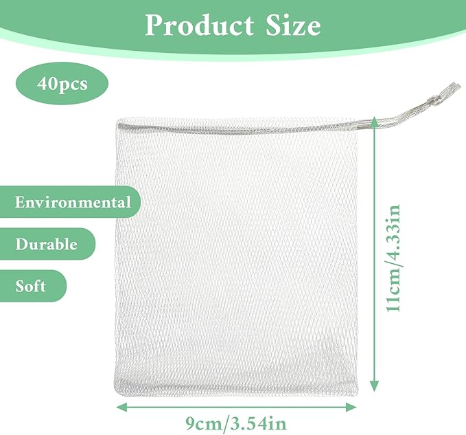 40 Pcs Soap Saver Bag, Bar Soap Pouch Mesh Soaps Bag Meshs Net Bags with Drawstring Foaming Net Bubble Mesh Bags Bar Soaps Saver for Bath, Shower