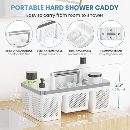 BYUNER 2Pack Plastic Shower Caddy: Portable Shower & Bathroom Caddy Tote with Handle, 4 Divided Compartments, Hard Plastic Shower Basket with All-Side Drainage for College Dorm Room Essentials