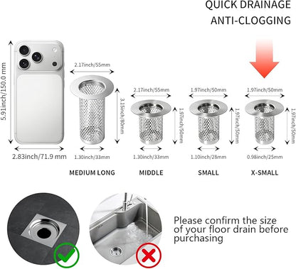 304 Stainless Steel Shower Drain Hair Catcher – Bathtub & Bathroom Sink Drain Strainer, Small Deep Basket Cover, Anti-Clog Pet Hair Catcher with Large Water Flow, Universal Tub Drain Filter Stopper