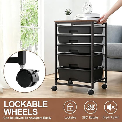SYKIARIOL 5-Tier Rolling Utility Storage Drawer Craft Cart on Wheels with Wooden Tabletop, Mobile Craft Storage Drawer Cart Trolley for Home Office, Classroom, Craft Room & Kid Room, Black