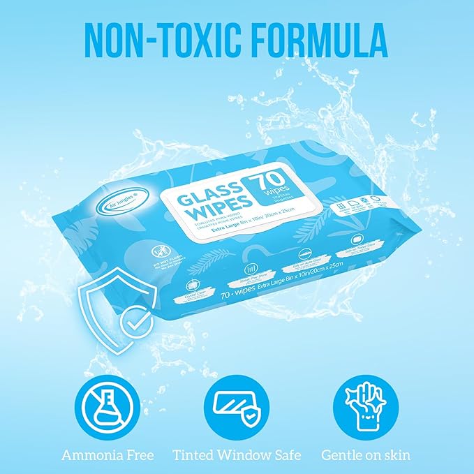 Air Jungles Glass Cleaner Wipes 70 Count, XL 10" x 8" Streak Free Cleaning Wipes for Windows, Mirrors, Car Windshield, Removes Fingerprints, Dust, Dirt, for All Glass Surfaces