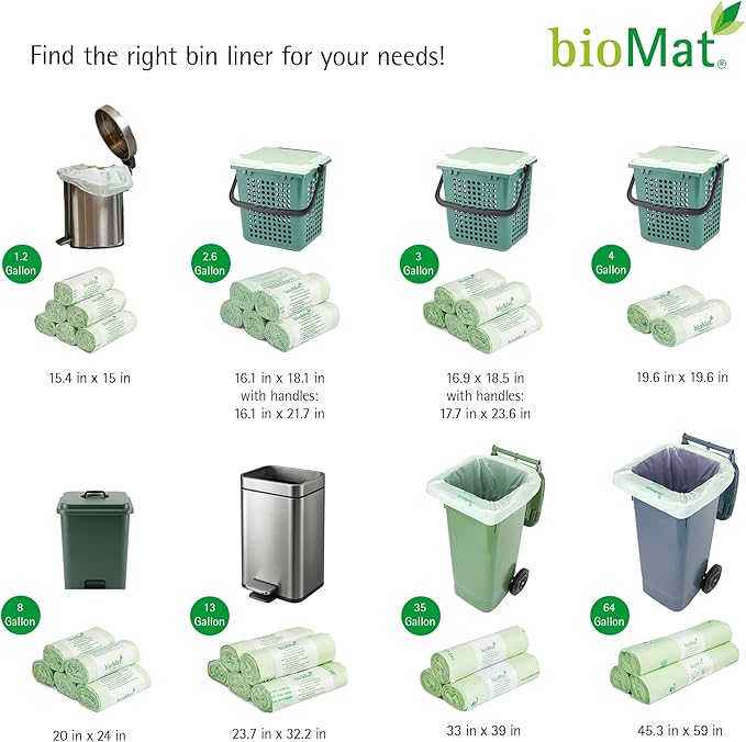 bioMat Compostable Trash Bags 13 Gallon, 20 Count, Tall flat top Kitchen Food Scrap Bin Liners, BPI, CMA and OK Compost HOME certified, Meets the ASTM D6400 Standard