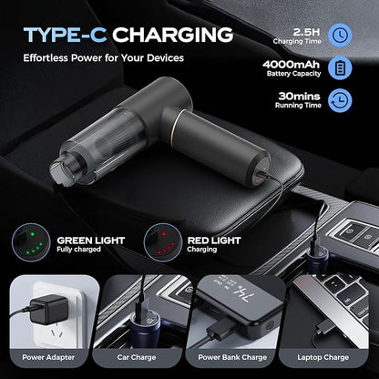BSRCO Car Vacuum Portable Cordless – 30Min Runtime, 15KPa Suction Handheld Vacuum Cordless 4-in-1, 0.67Lbs Lightweight, 75dB Quiet, USB-C Fast Charging, Washable HEPA Filter for Car, Home & Pet Hair