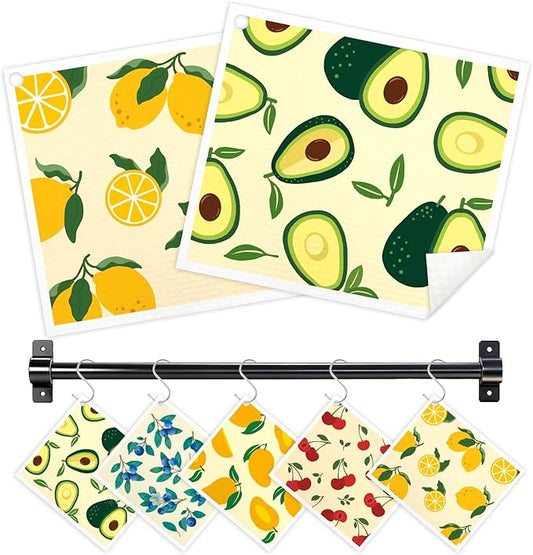 Swedish Dishcloths for Kitchen, 5 Pack Fruit Reusable Paper Towels with 3 Hooks, Washable Dish Cloth Set, Absorbent Cleaning Cloth for Home Washing Dishes Housewarming Gifts for Friend