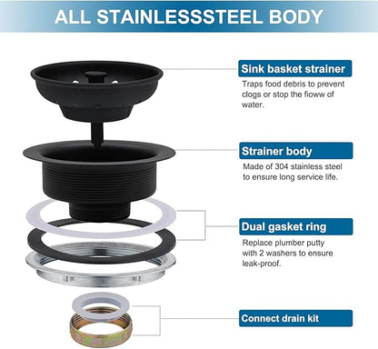ZM Kitchen Black Sink Stainless Steel Basket Strainer with Drain Assembly, 3-1/2 Inch Sink Drain Stopper Plug