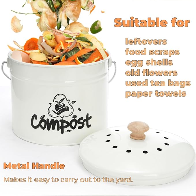Tlence Small Kitchen Compost Bin, 1 Gallon Odorless Composter Container, Food Waste Bucket with Charcoal Filter Lid, Indoor Farmhouse Composting Pail Canister for Trash Scraps, Carrying Handle