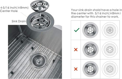 KANARY Kitchen Sink Basket Strainer Replacement for Standard Drains (3-1/2 Inch) Stainless Steel Body with Rubber Stopper (Pack of 2, Stianless Steel)