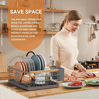 BRIAN & DANY Dish Drying Rack, Dish Racks for Kitchen Counter, Stainless Steel Dish Drainer with Removable Cutlery Holder & Drainboard, Grey