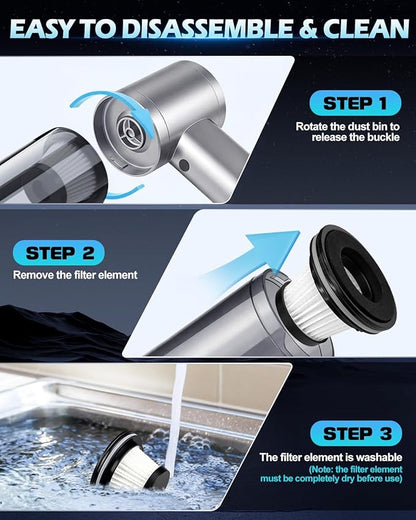 2026 Upgraded Handheld Car Vacuum, Cordless Car Vacuum Cleaner with 15000Pa Strong Suction, Brushless Motor & Filter, 7-in-1 Cleaning Kit, Type-C Charging for Home Office Car Pet (Silver)