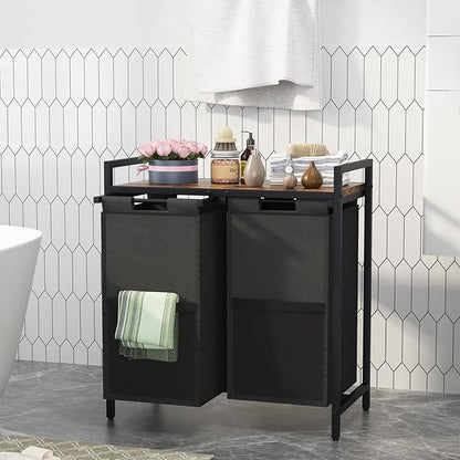 Huhote Laundry Hamper, double Laundry Basket, Laundry Sorter with Top Shelf & 2 Removable Washable Bags & Side Pockets for Laundry Room organization, Bathroom and Dorm, Rustic Brown and Black