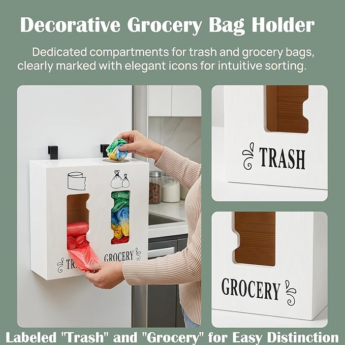 2 in 1 Trash Bag Dispenser and Grocery Bag Holder, Large Wooden Trash Bag Holder,Trash Bag Dispenser for Grocery Bags and Plastic Bags,Kitchen Cabinet Under Sink Organizers and Storage