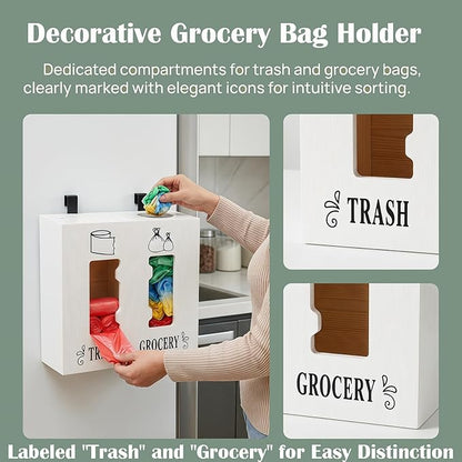 2 in 1 Trash Bag Dispenser and Grocery Bag Holder, Large Wooden Trash Bag Holder,Trash Bag Dispenser for Grocery Bags and Plastic Bags,Kitchen Cabinet Under Sink Organizers and Storage