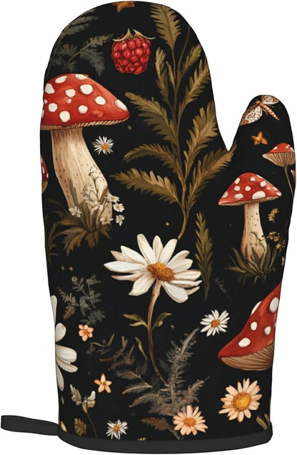 Mushroom Oven Mitt Pot Holder Set Vintage Floral BBQ Cooking Gloves with Loop Baking Grilling Kitchen Gifts for Spring Summer