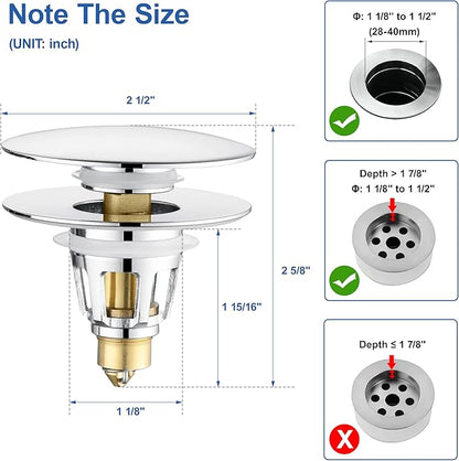 Universal 3-in-1 Bathroom Sink Stopper - Chrome Pop Up Sink Drain Stopper, Push Button Sink Drain Stopper Replacement, Wash Basin Drain Filter Plug with Anti-Clogging Strainer, (Large Cover)