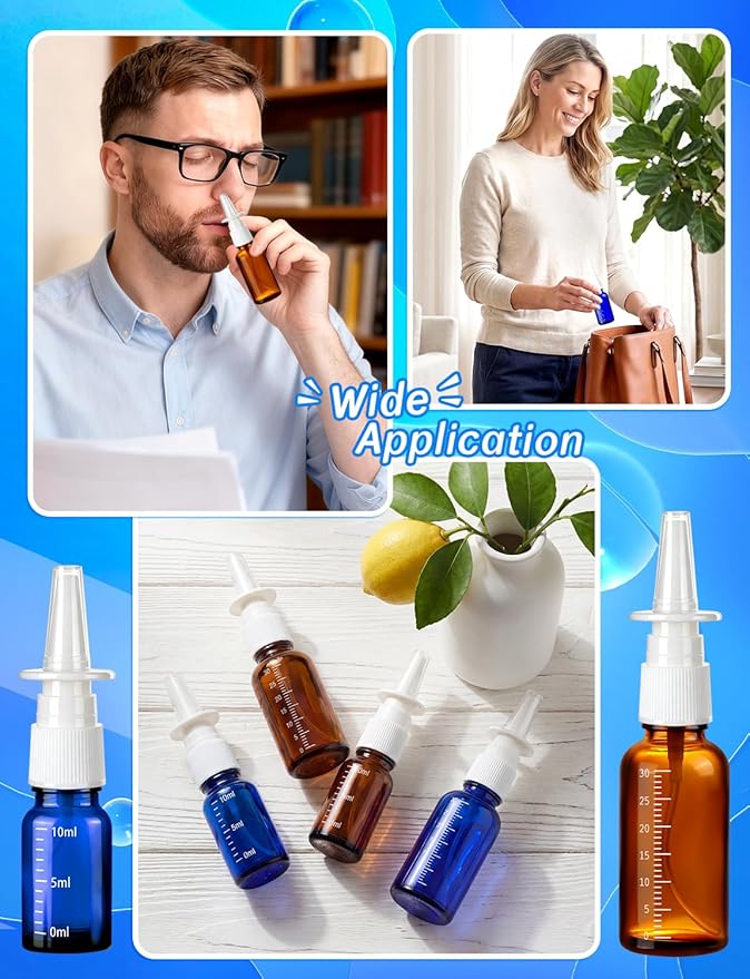 10 Pcs Nasal Spray Bottle, 10ML/0.35OZ 6Pcs Empty Glass Brown Scale Nose Spray Bottles Refillable with 2 Funnels and 2 Labels