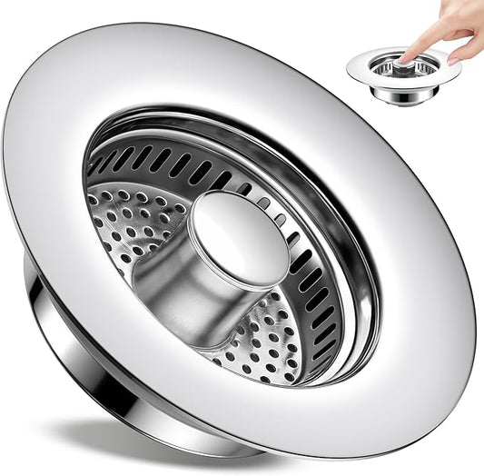 Kitchen Sink Drain Strainer 3 in 1, 304 Stainless Steel Pop Up Sink Stopper, Anti-Clogging Sink Drain Strainer for US Standard Kitchen Drain (Chrome)