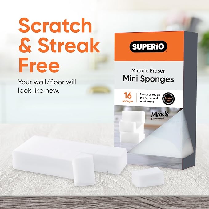 Miracle Eraser Sponge Melamine Sponge for Floor, Wall, and Furniture, Removes Scuffmarks, Mud, Grime, Dirt, and Tough Stains, Pack of 16 1 Inch Mini Cleaning Erasers.