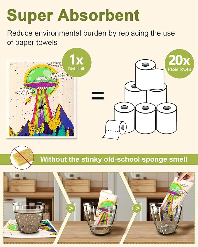 Miss Adola Swedish Dishcloths for Kitchen - 5 Pack Reusable Dish Cloths for Washing Dishes Absorbent Cute Funny Kitchen Towels Cleaning Sponge, Alien
