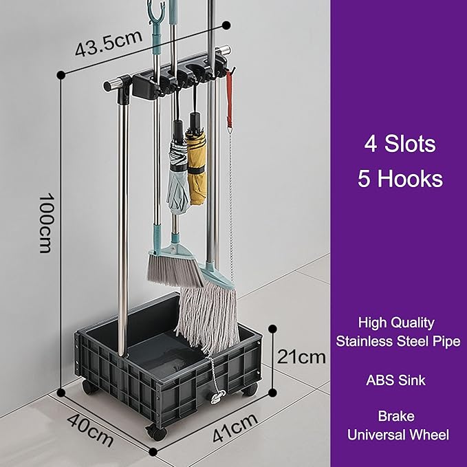 Mop and Broom Holder Cleaning Supplies Mop Bucket Garden Tool Organizer Cleaning Carts on Wheels Freestanding Broom Closet Storage Cabinet Mop Sink for Ho(One Color-4 Slots 5 Hooks